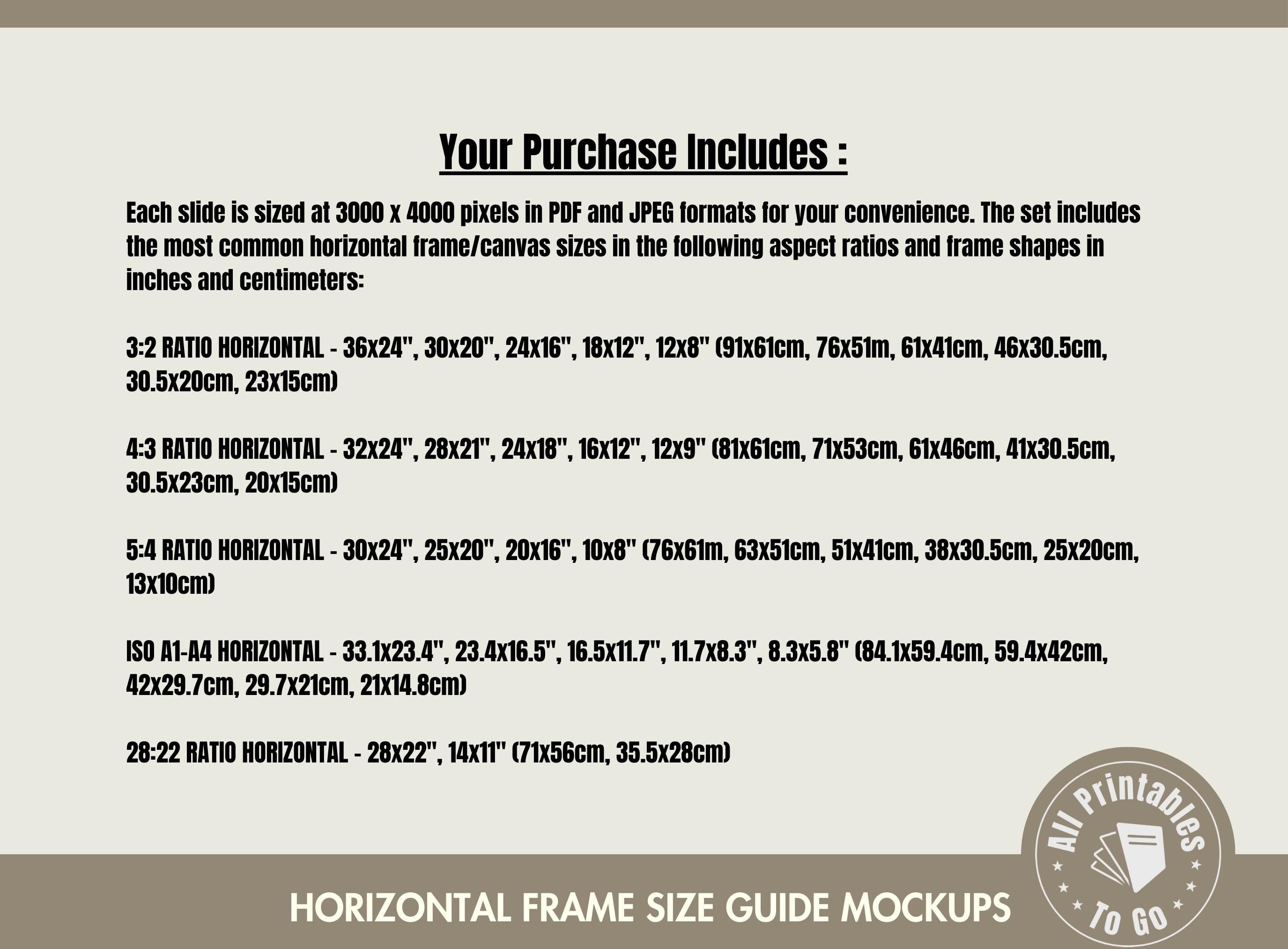 Horizontal Sizing Horizontal Frame Size Guide Mockups: Landscape Art (PDF, PNG, JPEG) - Etsy