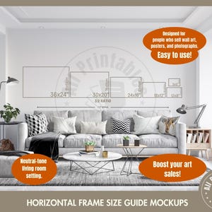 May include: A mockup of a neutral-toned living room with a couch and a coffee table. The image shows different sizes of frames for artwork, posters, and photographs. The text on the image reads: "Designed for people who sell wall art, posters, and photographs. Easy to use!" and "Boost your art sales!"
