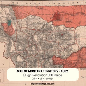 Może przedstawiać: Antyczna mapa Terytorium Montany z 1887 roku, zawierająca szczegółowe informacje geograficzne. Mapa jest w odcieniach brązu i czerwieni, z tekstem wskazującym regiony i granice. Obraz zawiera tekst "MAP OF MONTANA TERRITORY - 1887" oraz wymiary 66cm szer. x 46cm wys.