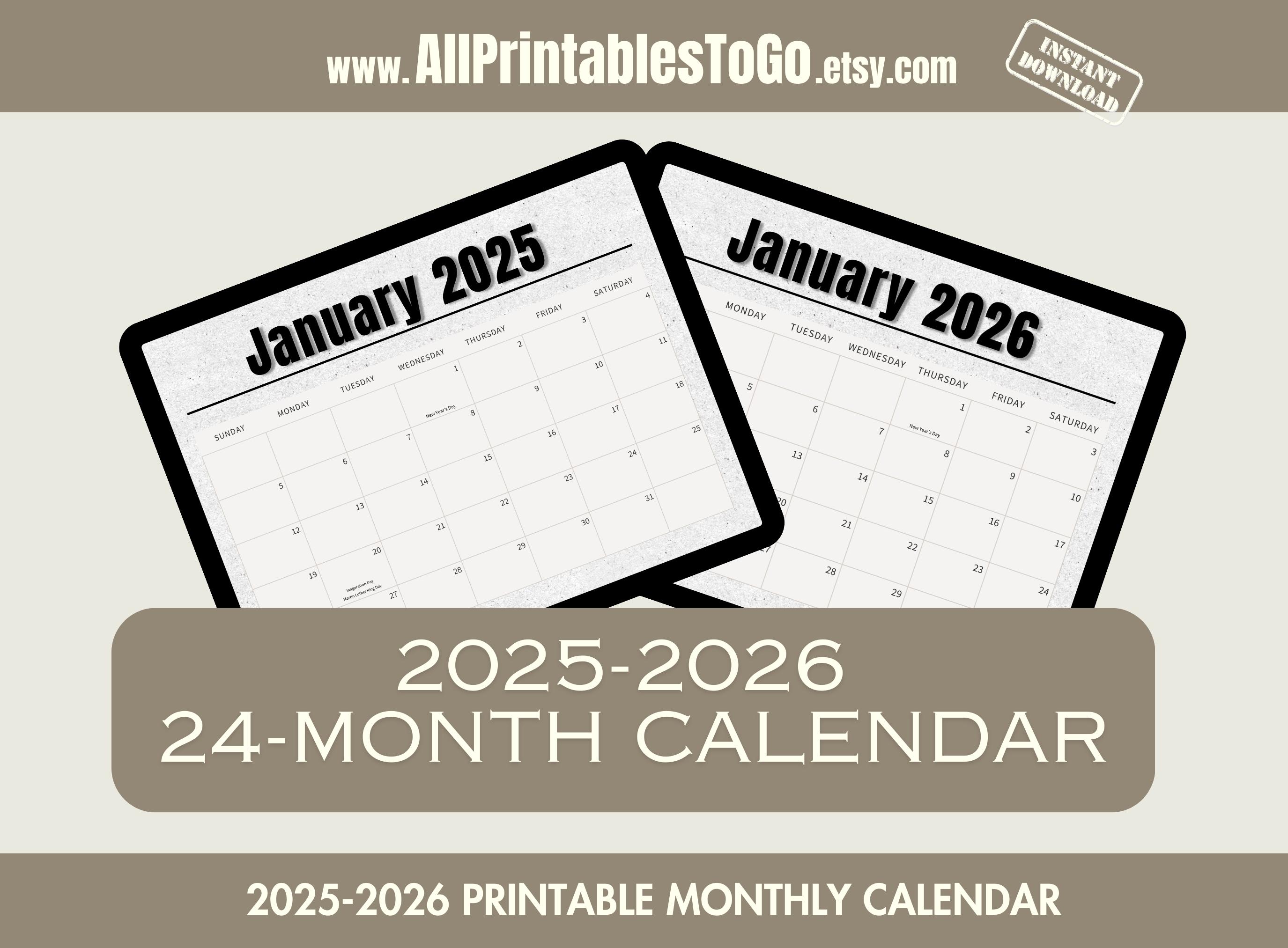 20252026 Printable Monthly Calendar, Minimalist 24month Landscape