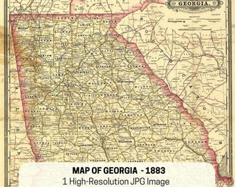 1883 Georgia State Map – Vintage Digital Download, 21x27” JPEG, Antique GA Wall Art