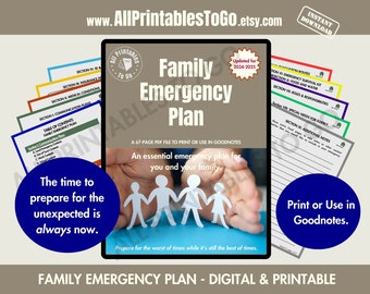 Puede incluir: Un plan de emergencia familiar digital e imprimible con un fondo azul y un título que dice "Plan de emergencia familiar". El plan es un archivo PDF de 67 páginas que se puede imprimir o usar en Goodnotes. La imagen también incluye una cita que dice "El momento de prepararse para lo inesperado es siempre ahora."