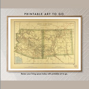 Mapa de los territorios de Arizona y Nuevo México de 1891, póster de mapa antiguo, mapas del suroeste de EE. UU., historia de Arizona, historia del suroeste, descarga instantánea