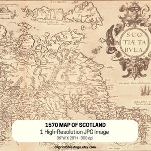 Może przedstawiać: Antyczna mapa Szkocji z 1570 roku, z szczegółowymi elementami geograficznymi i etykietami tekstowymi. Mapa jest w odcieniach sepii i zawiera ozdobny kartusz. Tekst "1570 MAP OF SCOTLAND" oraz wymiary 91cm szer. x 71cm wys. są również obecne.