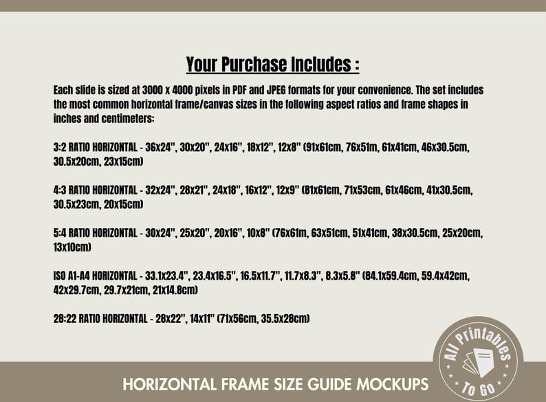 Horizontal Frame Size Mockups, Landscape Canvas Size Guide, Aspect