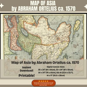 Karte von Asien Herausgegeben 1570 von Abraham Ortelius, Historische Karte von Asien, herunterladbare und druckbare Vintage Karte