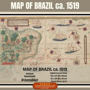 Map of Brazil ca. 1519, Antique South America Map, Printable and Downloadable