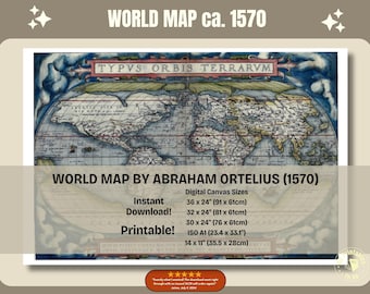 Mapa-múndi de Ortelius, ca. 1570: Arte de parede vintage (download digital)