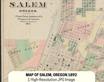 May include: Vintage map of Salem, Oregon, dating from 1892. The map shows detailed street plans, with the Willamette River in the middle. The map is 30.48 cm wide and 38.1 cm high, with a resolution of 300 dpi.