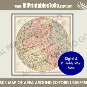 Mapa imprimible del área de la Universidad de Oxford (Inglaterra) de 1805, mapas antiguos de Inglaterra, mapa de la historia de Inglaterra, mapas antiguos descargables