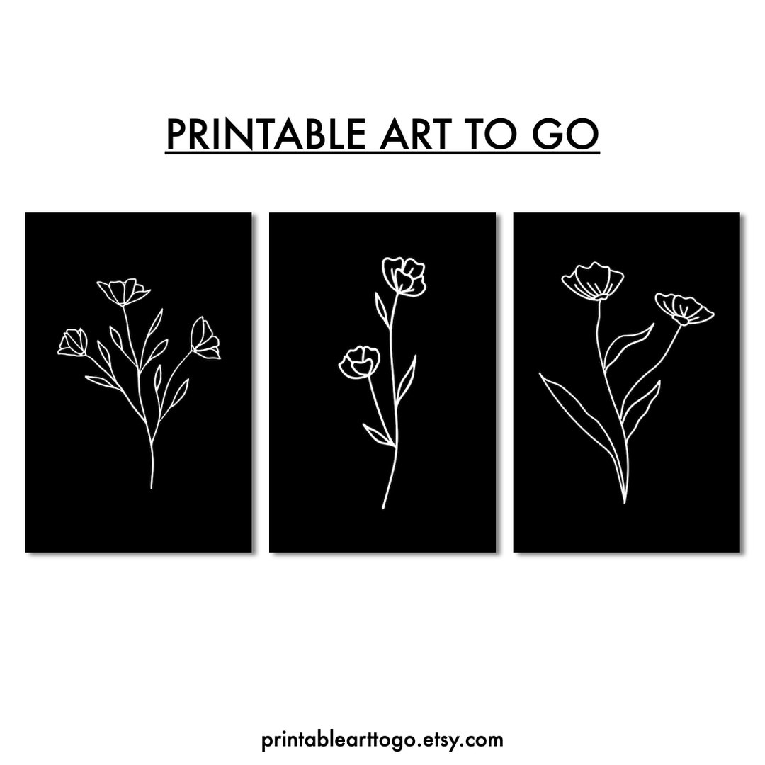 Printable Set of 3 Flower Line Art Prints Elegant Floral Wall Decor
