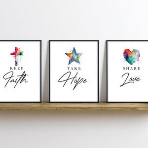 Inspirational decor wall art, Faith Love Hope Peace, Printable wall art set of 4, Inspirational Quote, Vibrant Watercolor Art