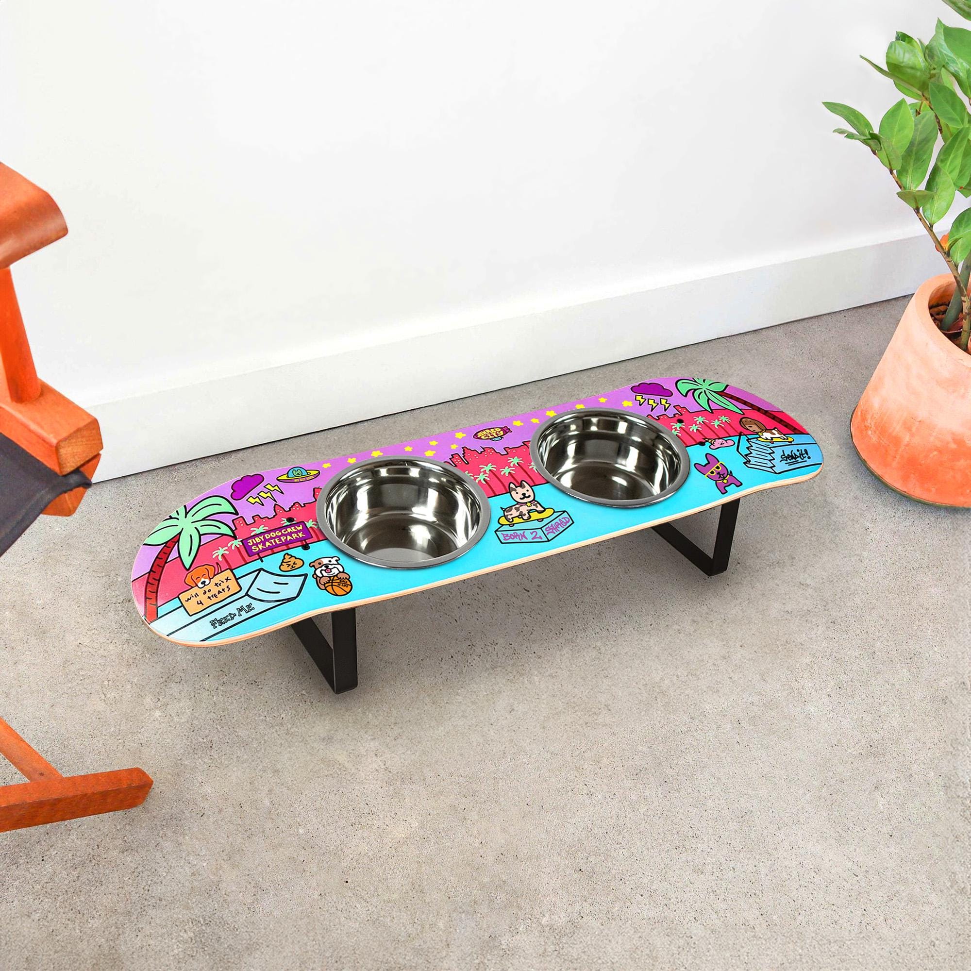 Shred City Skateboard Dog Bowl | Elevated Dog Feeder | Raised Wood Dog Bowl | Good for digestion