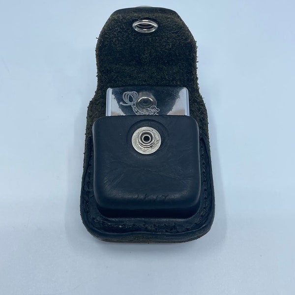 Vintage Metal Gasoline Lighter with Leather Cover and Belt Clip Set