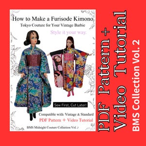 Authentic Japan Furisode Kimono Pattern PDF for 11.5" Dolls - Easy Sew First Cut Later Method Quick Leather Obi Tutorial (Patron/Molde) V.2
