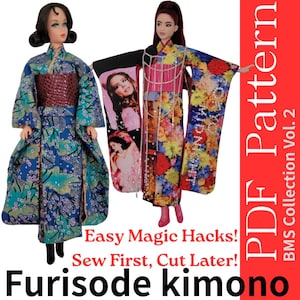 Authentic Japan Furisode Kimono Pattern PDF for 11.5" Dolls - Easy Sew First Cut Later Method Quick Leather Obi Tutorial (Patron/Molde) V.2