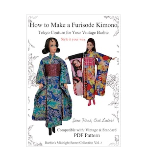 以下が含まれることがあります： 振袖着物の作り方と書かれたPDFパターンの表紙。ヴィンテージバービー向け「Tokyo Couture」と書かれています。青、赤、花柄の着物を着たバービー人形が2体。表紙には「Sew First, Cut Later!」の文字も含まれています。