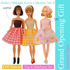 以下が含まれることがあります： 「Midnight Secret Collection」の3体のヴィンテージバービー人形。1体は茶色の革のトップスとピンクのギンガムスカートを着用。別の人形は黄色のギンガムスカートを着用。3体目はピンクのフェルトトップスとデザート柄のピンクのスカートを着用しています。