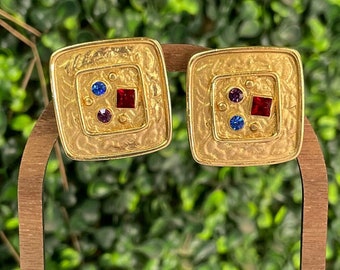 Vintage Etruscan Byzantine Style Gold And Crystal Clip-On Earrings