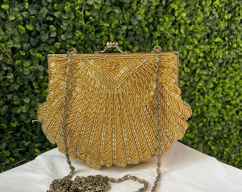 Beaded Purse La Regale Ltd Evening Handbag Cross body Black Gold Silver  Seashell