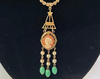 Antique 12K Gold Plated Cameo Tassel Necklace, Art Nouveau Vintage Pendant With Jade