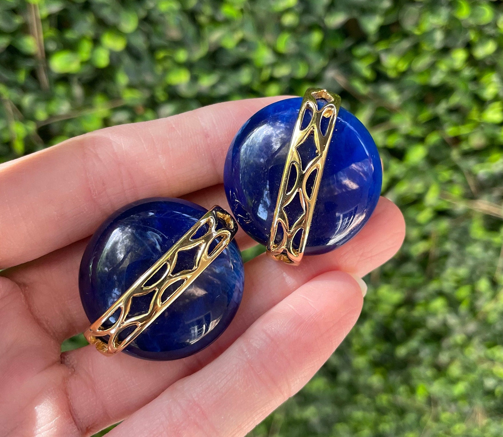 Large Vintage Givenchy Royal Blue and Gold Plate Clip On Statement Earrings