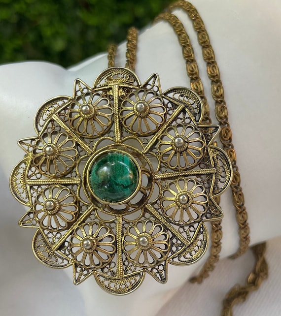 Vintage Malachite Filigree Necklace Pendant Spiral