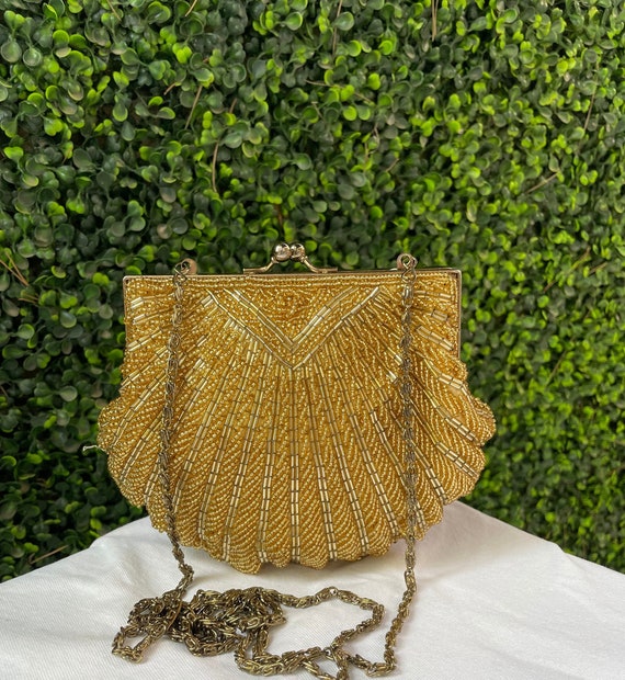 Vintage Beaded Evening Bag Purse Clam Shell Kiss Lock Clasp Gold