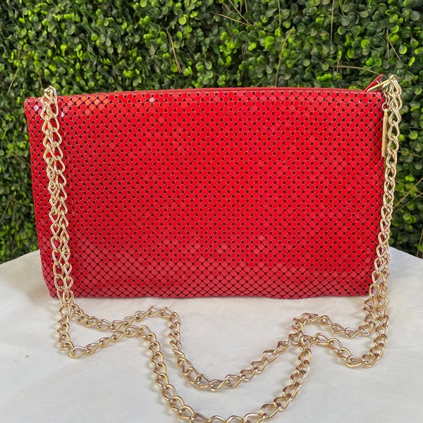 1970s Whiting and Davis Red Metal Mesh Purse, Whiting & Davis Evening Bag, Convertible Gold Chain Strap