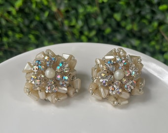 Rare Miriam Haskell 1950s Rhinestone Beaded Cluster Earrings, Designer Silver Clip On Earrings, Vintage Rhinestone Earrings