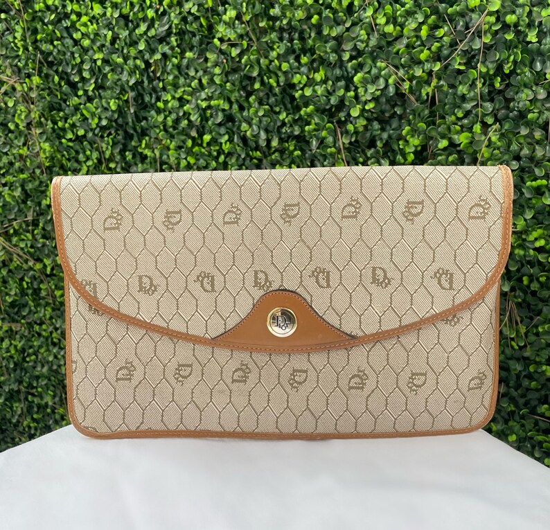 Authentic Vintage Dior Beige Tan Clutch, Designer Canvas and