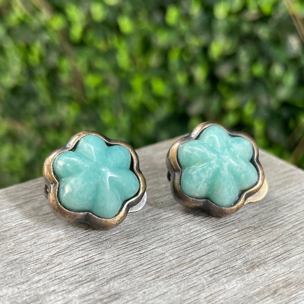 Gorgeous Vintage Francesca Romana Larimar Turquoise Clip-On Earrings, Flower Style