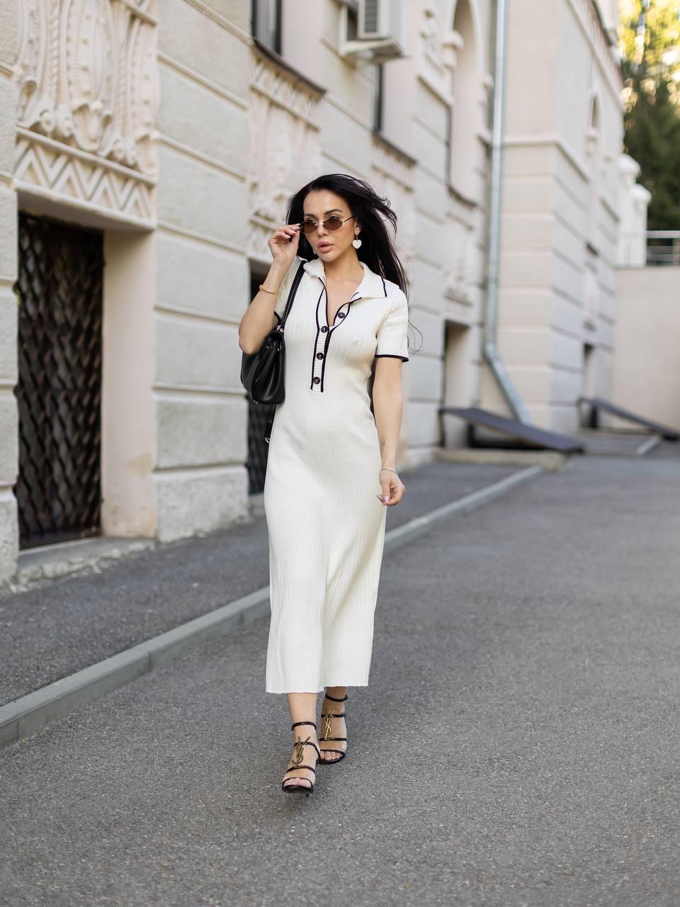 chinese dress ladies Chic Elegance Ribbed Knit Polo Neck Dress Medium / White