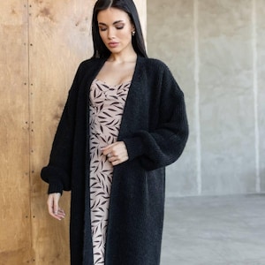 Oversized Knit Cardigan: Long Fluffy Balloon Sleeve Sweater - Wool Blend