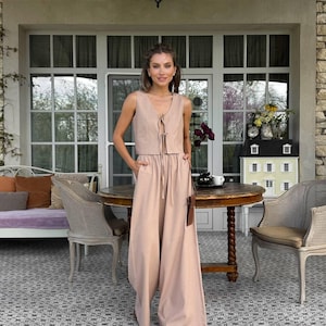 Leinen Zweiteiler Set: Weste mit Bindebändern & Hose mit weitem Bein - Minimalist Loungewear