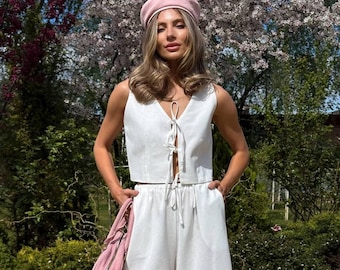Two Piece Set, Tie Waist Top, Wide Leg Pants, Lightweight Breathable Summer Co-Ord