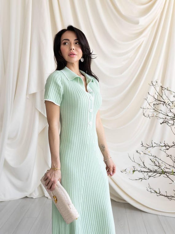 Fitted Knit Maxi Polo Dress  Elegant Ribbed Long Dress, Chic Everyday  Women's Outfit - Etsy New Zealand