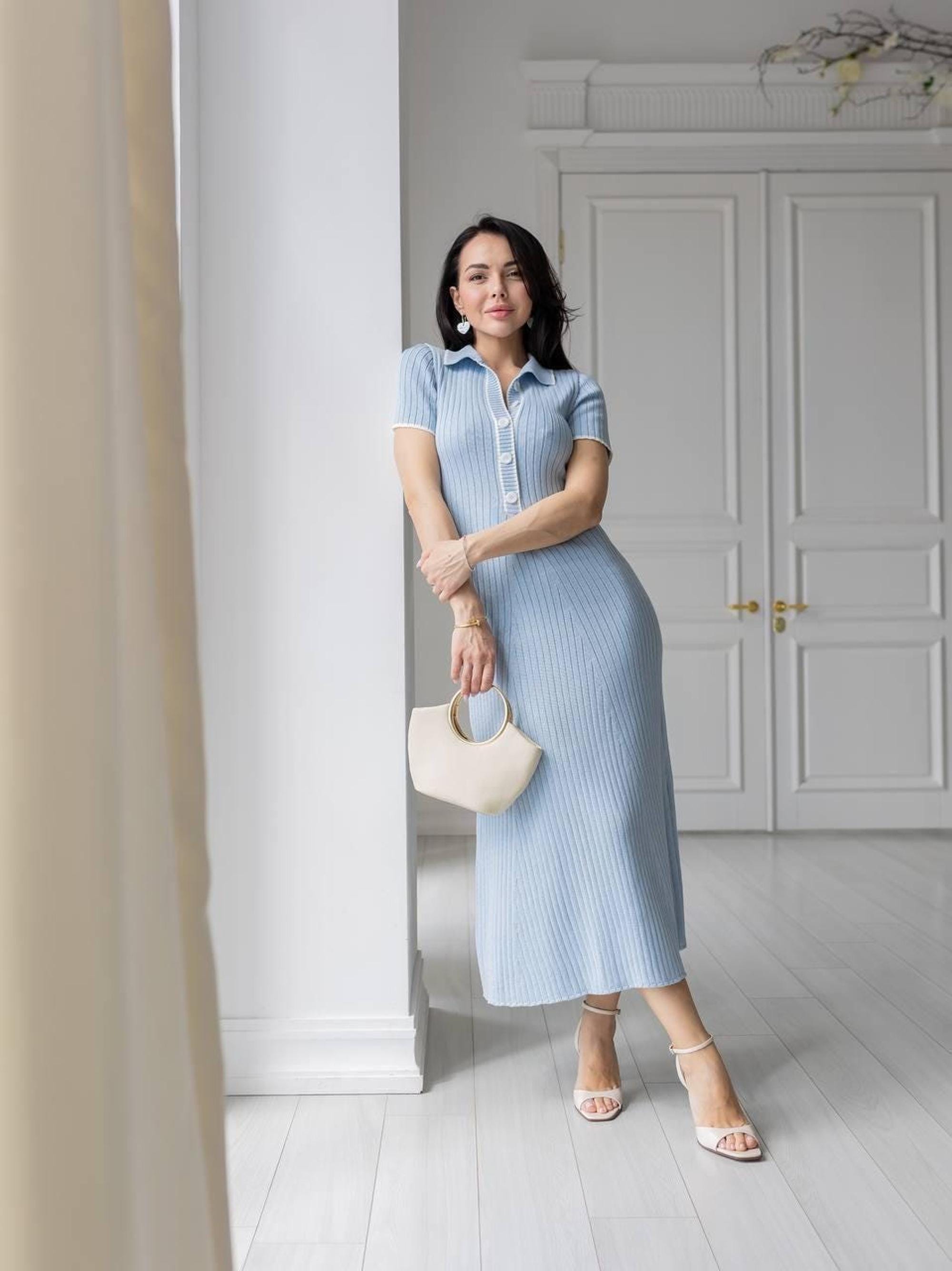 ribbed stretch knit polo dress Ribbed Stretch Knit Polo Midi Dress in CHAMBRAY - Sale