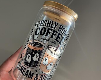 Cute Halloween Glass Tumbler, Ghost Tumbler, Fall Glass Cup, Aesthetic Iced Coffee Tumbler, Iced Coffee Fall Cup, Cute Fall Iced Coffee Cup
