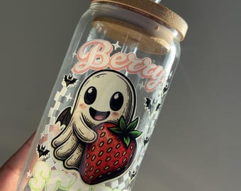 Cute Halloween Glass Tumbler, Berry Scary Ghost Tumbler, Fall Glass Cup, Aesthetic Iced Coffee Tumbler, Iced Coffee Fall Cup