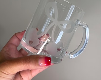 Etched Cherry Coffee Mug, Coquette Cherry Bow Mug, Aesthethic Drinkware, Clear, Glass Coffee Mug, Coquette Drinkware, Cherries and Bows