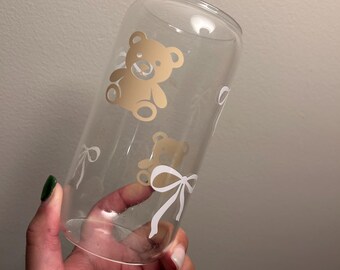 Coquette Bow and Teddy Bear Glass Can Tumbler, Aesthetic Iced Coffee Drink, Cute Tumblers, Pink Bows, Cold Color Changing Cup