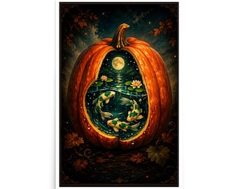 Arte mural surrealista de otoño con temática de acuario de calabazas, póster mate de carpas koi a la luz de la luna.