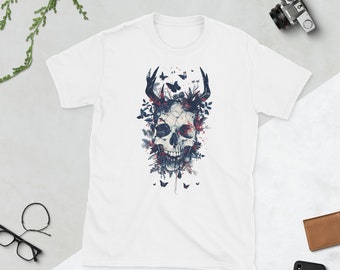 Camiseta con calavera floral y astas: Camiseta con gráfico de naturaleza gótica