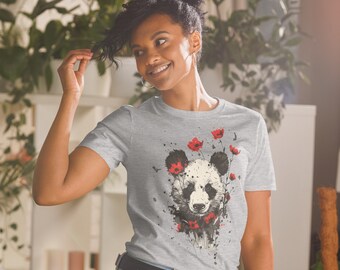 Camiseta gráfica de panda con flores rojas - Camiseta de arte natural - Camiseta unisex de algodón suave