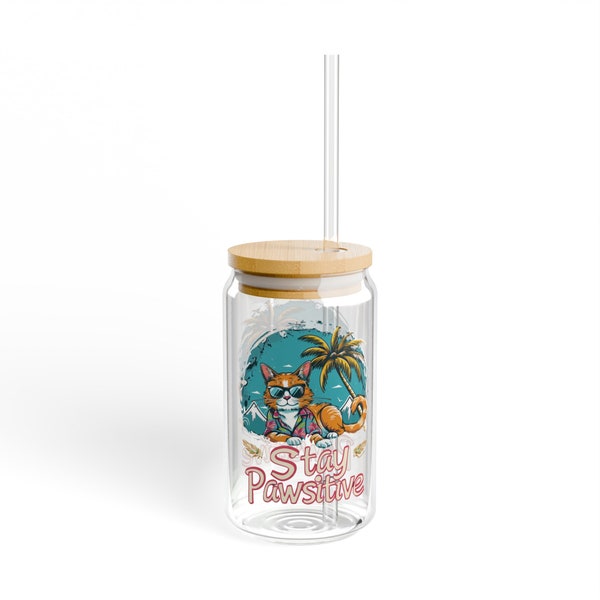 Tropical Cat Glass Tumbler with Straw, Stay Pawsitive Cute Cat Mason Jar, Eco-Friendly Reusable Drinkware, Beach Theme Cat Lover Gift