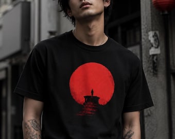 Camiseta con estampado de luna roja, camiseta con silueta de fantasía oscura, camiseta unisex negra de estilo urbano.
