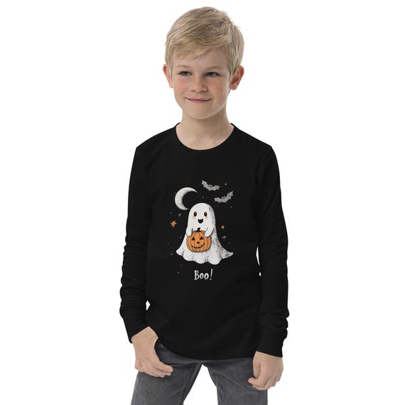 Boo! Kids Halloween Long-Sleeve Shirt – Soft Airlume Cotton Ghost & Pumpkin Tee – Comfortable and Durable Halloween Shirt