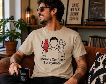 Camiseta "Moralmente confundido pero hidratado", camiseta gráfica divertida de ángel y demonio, camiseta unisex retro sarcástica, regalo de humor sobre hidratación
