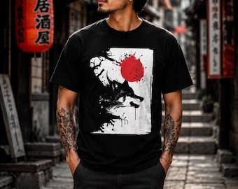 Camiseta japonesa con estampado de lobo y tinta, camiseta con estampado de sol rojo, camiseta con estampado de lobo y pinceladas, regalo de arte animal oscuro